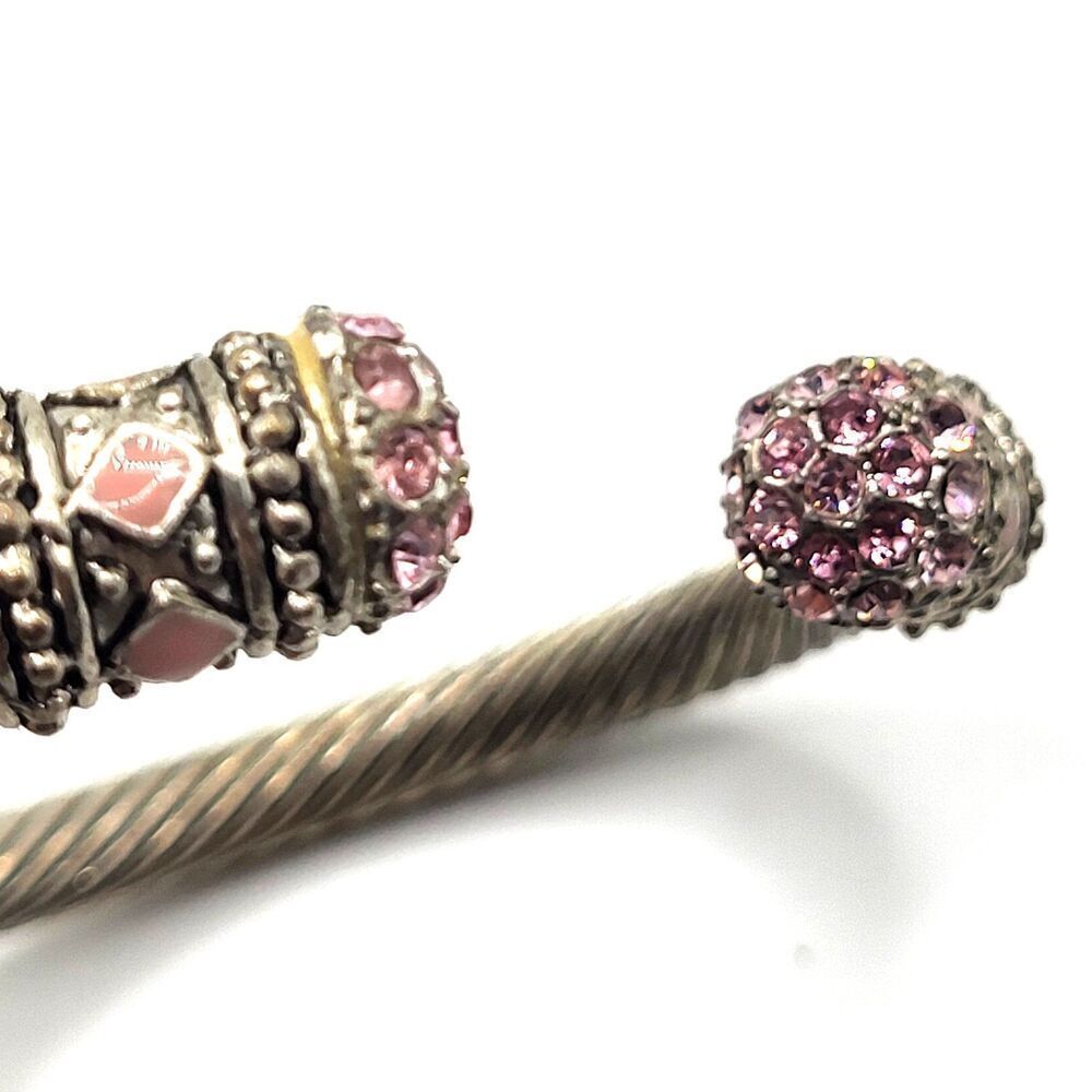 Vintage 90s Stainless Steel Pink enamel Rhinestone Bracelet 7.5in
